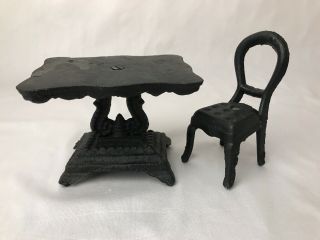 2 Pc Black Cast Iron Miniature Dollhouse Play Furniture Lyre Base Table & Chair