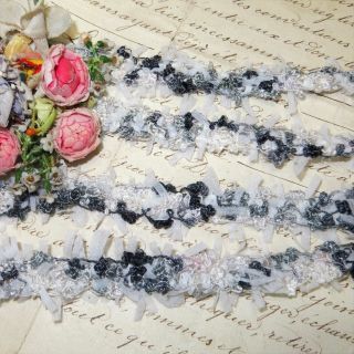 1y Vtg French Chenille Ribbon Trim Gray Fringe Doll Dress Rococo Jacquard Fur