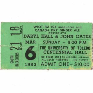 Hall & Oates Concert Ticket Stub Toledo Oh 3/6/83 Centennial Hall Maneater Rare