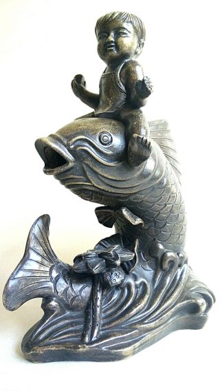 Vtg Chinese Bronze Signed Asian Buddha Boy Child On Fish Statue Figure Figurine