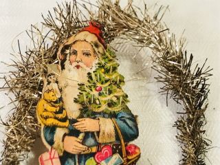 Q12 Vtg Antique Victorian Die Cut Christmas Ornament Tinsel Santa Tree Toys Bear
