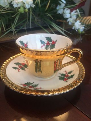 Vintage Dixon Art Studios 22kt Plated Cup & Saucer Holly Berries