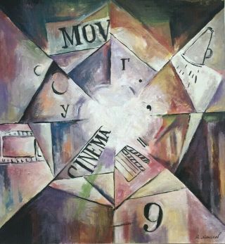 Rare Avant - Garde Gouache Painting Signed M.  Menkov " Cinema Impression In Cubism "