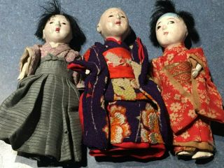 Antique / Vintage 3 Japanese Ichimatsu Gofun Dolls Dollhouse Glass Eyes