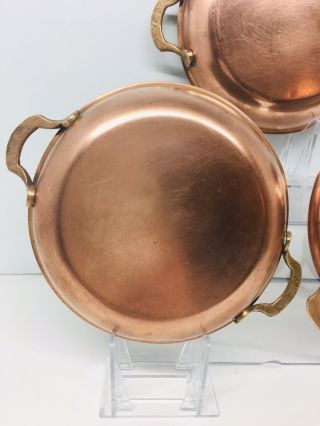 Vintage Antique 3 Mini 5 3/4” Brass Pans Double Handles Skillet Sauté Frying 2