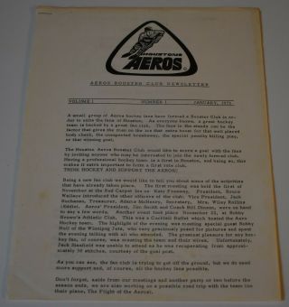 Rare January 1973 Houston Aeroes Hockey Booster Club Newsletter Vol 1 No 1 (1st)