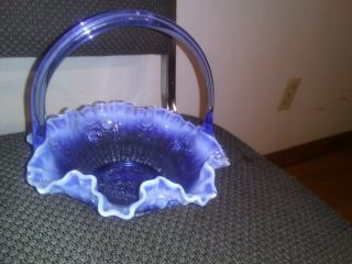 Vintage Fenton Glass Bride Basket Lavender Blue Opalescent Cabbage Rose,  Rare