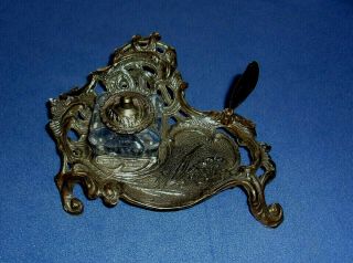 Antique Brass Ornate Inkwell Stand With Glass Ink Pot
