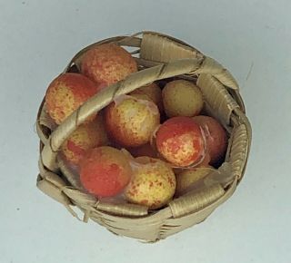 Vintage Artisan Dollhouse Miniature Tiny Straw Basket Of Gala Apples Ooak