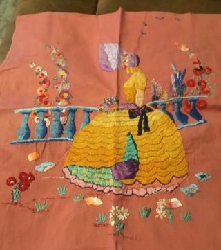 Vintage Heavily Embroidered Crinoline Lady In Cottage Garden Embroidered Panel