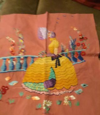 Vintage Heavily Embroidered Crinoline Lady in cottage Garden Embroidered Panel 2