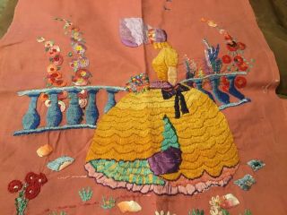 Vintage Heavily Embroidered Crinoline Lady in cottage Garden Embroidered Panel 3