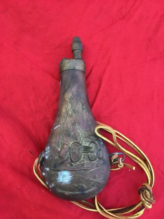 Antique Brass Copper Black Powder Flask Embossed War Scene Cannon Muscat Arrows