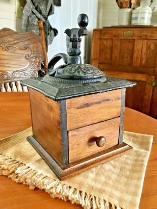 Primitive Antique Coffee Grinder Mill - Wood Base W/ Cast Iron Top - Hand Crank