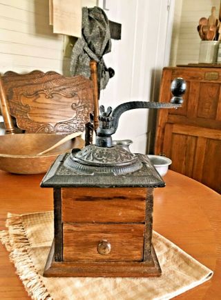 Primitive Antique Coffee Grinder Mill - Wood Base w/ Cast Iron Top - Hand Crank 2