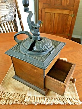 Primitive Antique Coffee Grinder Mill - Wood Base w/ Cast Iron Top - Hand Crank 3
