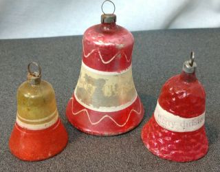 3 Antique German Mercury Glass Bell Merry Christmas Ornaments