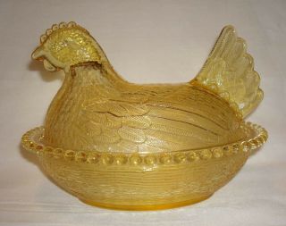 Vintage Indiana Topaz Canary Yellow Glass Hen On Nest Covered Animal Dish Rare