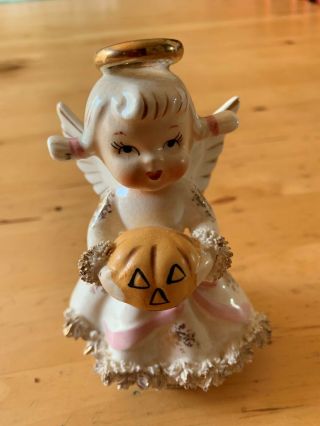 Vintage Lefton October Angel Figurine Halloween W/jack - O - Lantern Ar1987 Rare