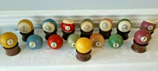 Vintage Antique Clay Pool Billiard Ball Mixed Set 15 Balls Old,  Stands Cue
