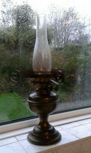 Vintage Brass Oil Lamp,  Twin Burner,  Duplex & Chimney