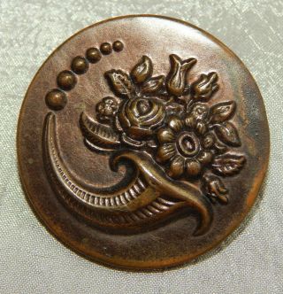 Antique Vintage Brass Picture Button Coricopia Of Flowers Extra Large 309 - A