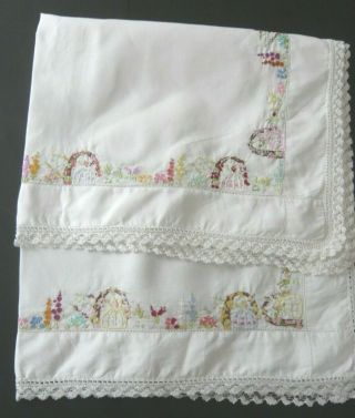 White Lace Edged Embroidered Tablecloth: Crinoline Ladies & Flowers 86cm X 80cm