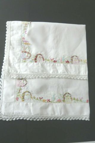 White Lace Edged Embroidered Tablecloth: Crinoline Ladies & Flowers 86cm x 80cm 3
