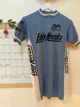 Vintage Eddy Merckx Cycling Jersey Peugeot Wool Blue Rare Men’s L 4