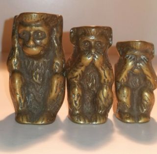 Rare Chinese 3 Wise Monkeys Brass Candle Holder Hear Speak See No Evil Figures