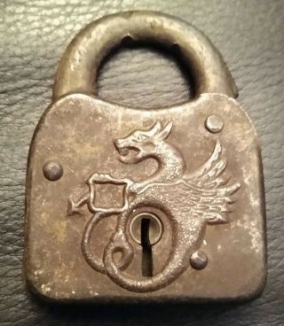 Old Vintage Antique Eagle Embossed Dragon Padlock No Key Rustic Made In Usa Rare