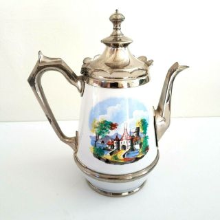 Vintage Antique French Enamel And Silver Plated Tea Or Coffee Pot