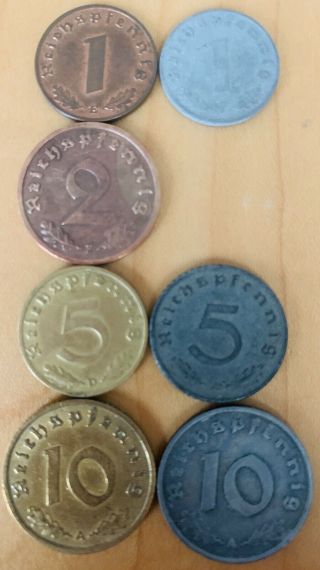 Rare German Nazi Wwii 1 - 2 - 5 - 10 Reichspfennig 7 Coin Set - Eagle & Swastika
