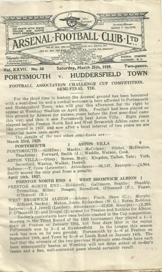 FOOTBALL PROGRAMME RARE FA CUP SEMI - FINAL PORTSMOUTH V HUDDERSFIELD TOWN 1939 2
