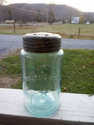 Vtg Knowlton Vacuum (star) Fruit Jar Rare Aqua Quart Jar W/insert & Band