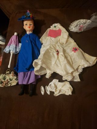 Vintage 12 " 1964 Horsman Mary Poppins Doll Umbrella Bag Dresses Exc