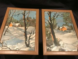 2 Vintage Paint By Numbers Painting Barn Snowy Scene Winter 14 1/2 " X 10 7/8 "
