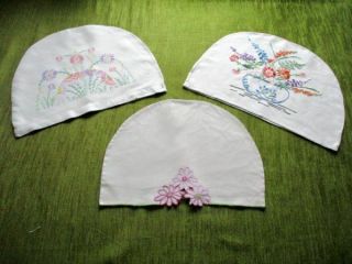 3 Vintage Tea Cosy Covers - Hand Embroidered Pretty Flowers - Linen