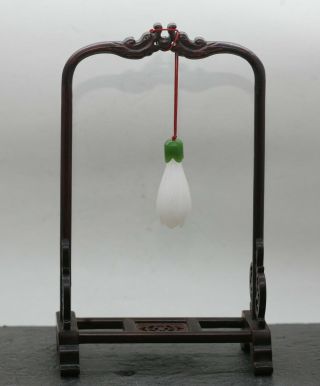 Vintage Chinese Carved White Jade Stone Rosebud & Elaborate Rosewood Stand