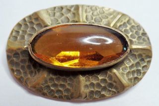Antique Deco Mission Arts Crafts Hammered Brass Amber Glass Cabochon Brooch Pin
