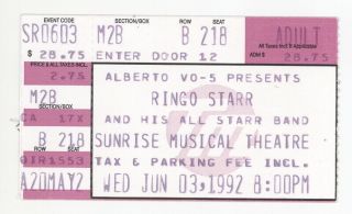 Rare Ringo Starr 6/3/92 Sunrise Fl Concert Ticket Stub The Beatles