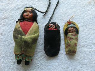 3 Vintage Skookum Bully Good Native American Indian Dolls 6 " Woman & 2 Papoose