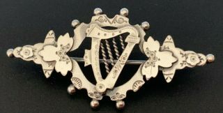 Antique Irish Or English Sterling Silver Ornate Brooch W Harp Centrepiece.  Pin