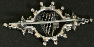 Antique Irish or English Sterling Silver Ornate Brooch w Harp Centrepiece.  Pin 3