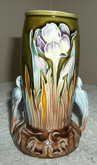 Antique Majolica Art Noveau Handled Iris Tulip Vase Numbered