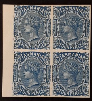 Rare 1889 Tasmania Australia Blk 4x4d Blue Imp Sface Stamp On White Card Reprint