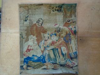 Antique Berlin Woolwork Tapestry The Infant Christ And The Magi.  Circa 19th.