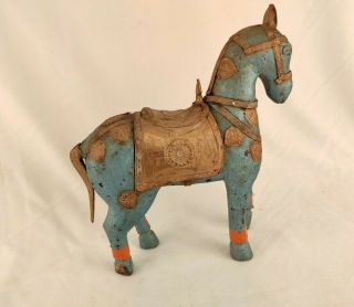 8 " Vintage Old Wooden Horse Hand Carved Painted Brass Fitted Decorative Statue