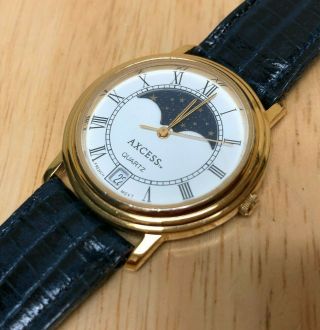 Vintage Axcess Men Lady Roman Moon Phase Leather Quartz Watch Hour Date Batt