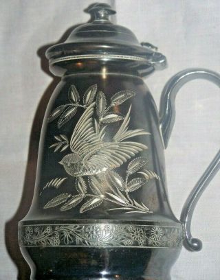 Antique Syrup Pitcher Wm.  Rogers 1513 Quadruple Silverplate Etched Bird 1880 